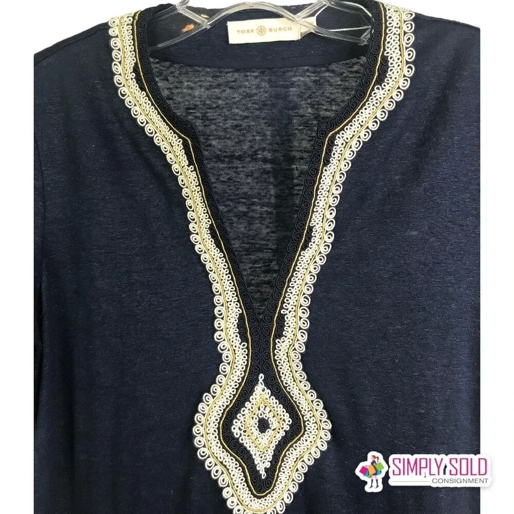 Tory Burch Liliana Tee Womens XS Navy‎ Embroidered Linen V Neck Slub Knit NWT